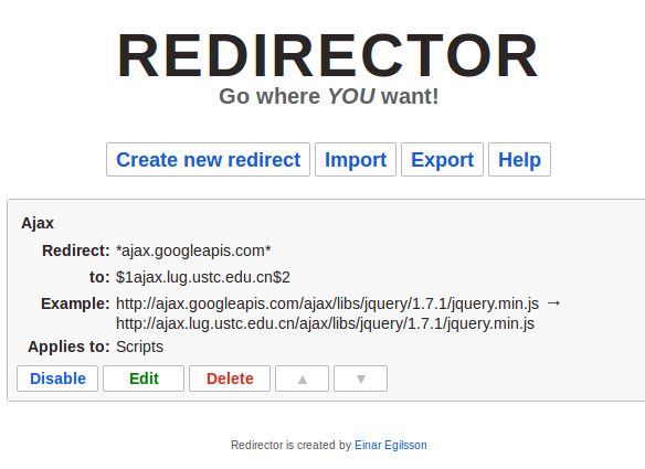 使用Redirector插件解决网站引用文件失效的问题（如googleapis公共库加载的问题） 操作系统交流 第3张